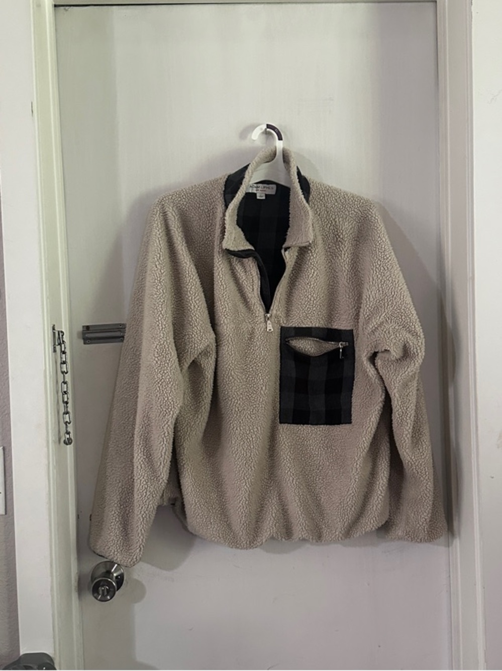 Adam Lippes For Target Beige Sherpa Quarter-Zip with Black Plaid Pocket